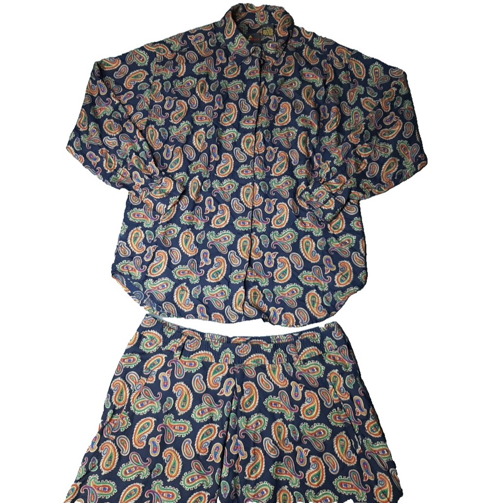 VINTAGE Lizsport Shirt Skirt Womens Large Blue Paisley Boho Southwestern OUTFIT